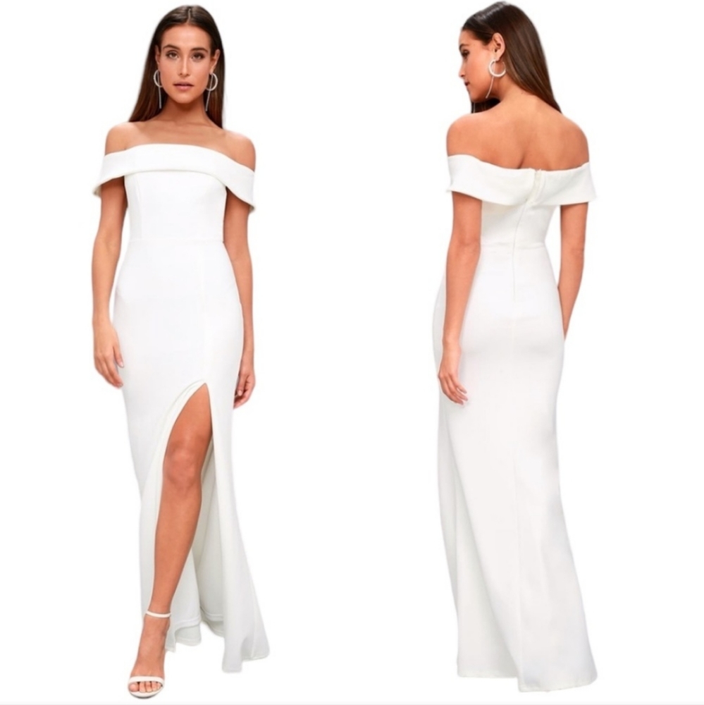 Lulus White Long Engagement Elopement Bridal Wedding Off the Shoulder Dress